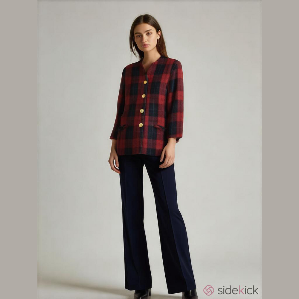 🥑Vintage Oversized Wool Red Plaid Blazer 80's 3/4 sleeve Blazer Gold Buttons